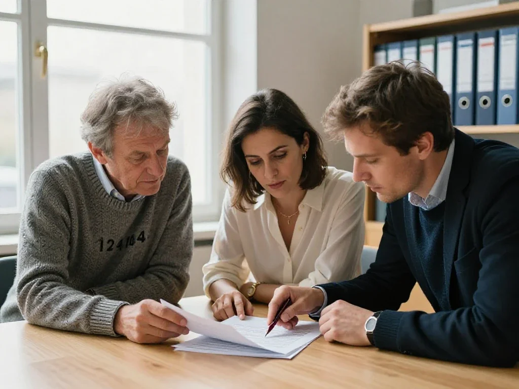 Trois collègues français échangent autour d'un document papier dans un bureau lumineux et moderne pour la société.