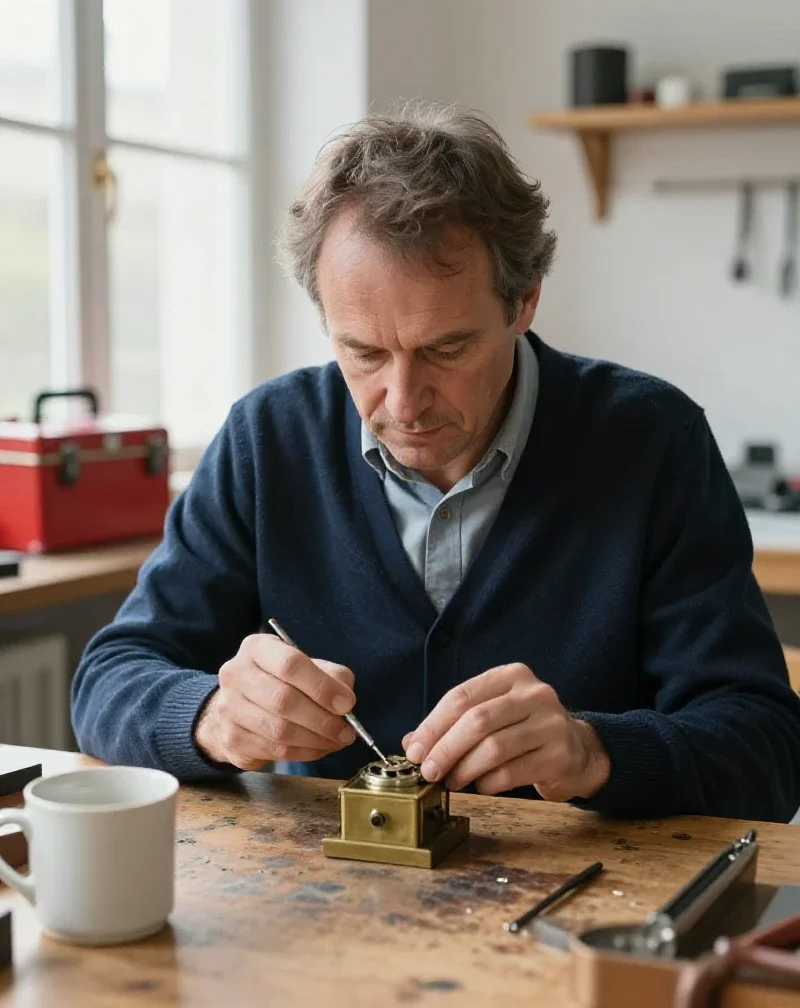 Un artisan répare un bel objet pour encourager une consommation durable et réfléchie.