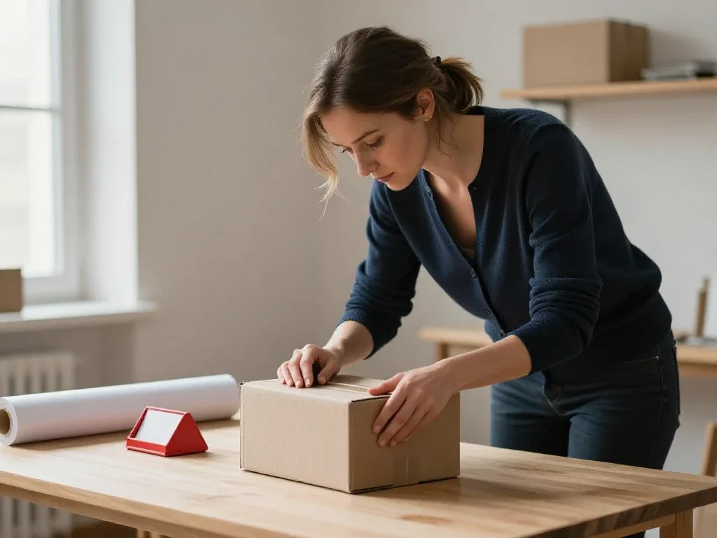 Une femme prépare avec soin une commande e-commerce dans son atelier lumineux et organisé.