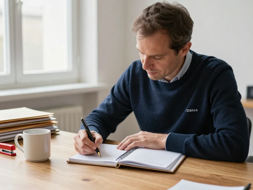 Professionnel européen organisant des tâches diverses dans un bureau lumineux et épuré.